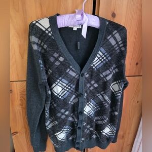 Burberry Brit Women's Dark Gray Argyle Button-Up Cotton Cardigan Size XL